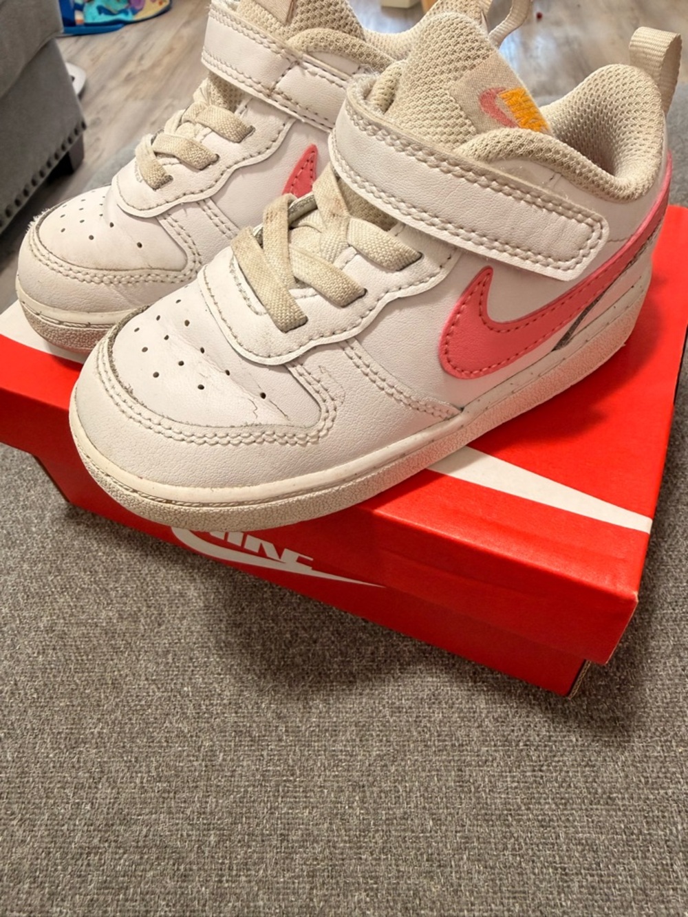 Nike Kids Cream Sneakers with Pink Swoosh